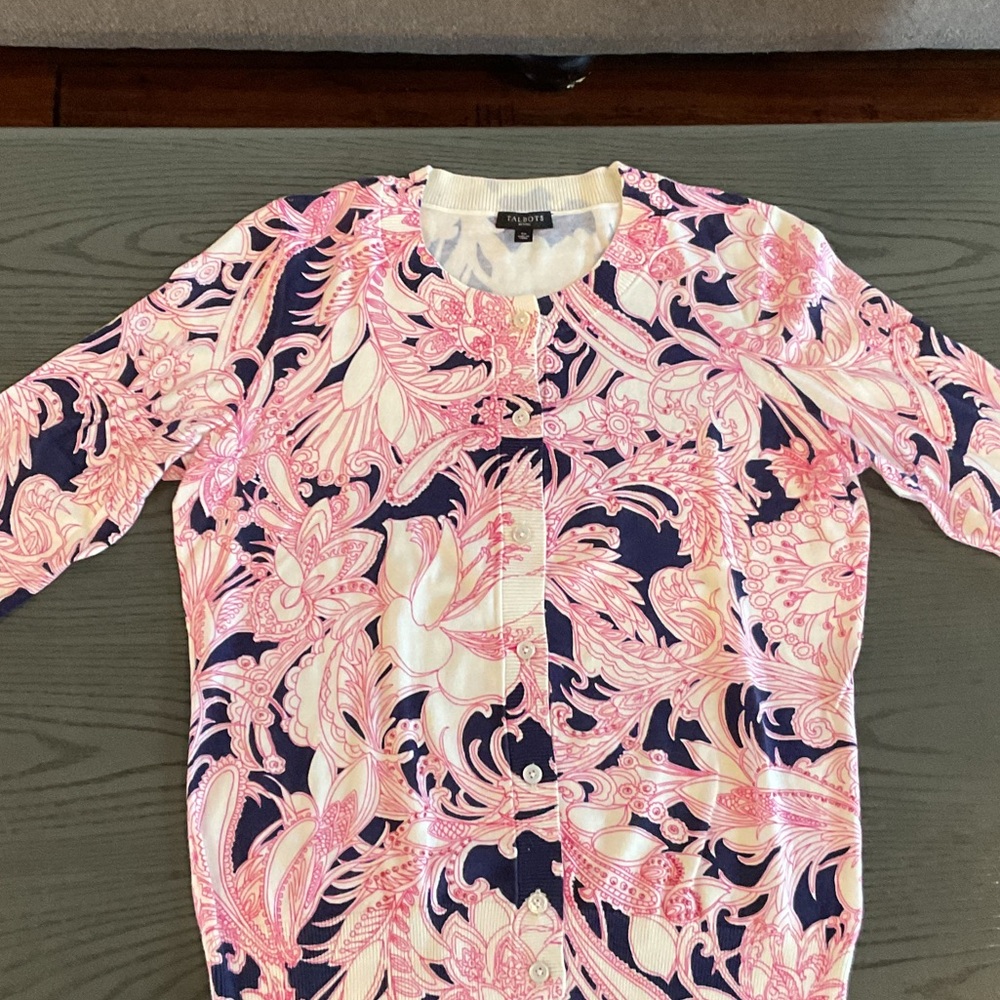 Talbots Floral Pink and Navy Cardigan